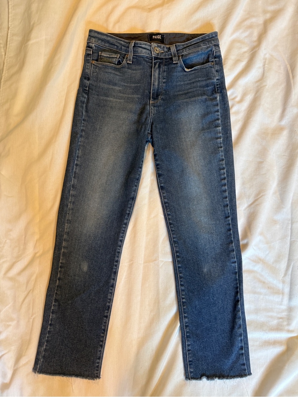 PAIGE Jacqueline Straight Jeans 29 Raw Hem High Rise Ankle Crop Denim